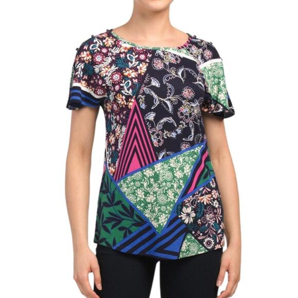 New Cable & Gauge Cut Out Shoulder Flutter Sleeve Floral T-Shirt Top - Picture 1 of 6